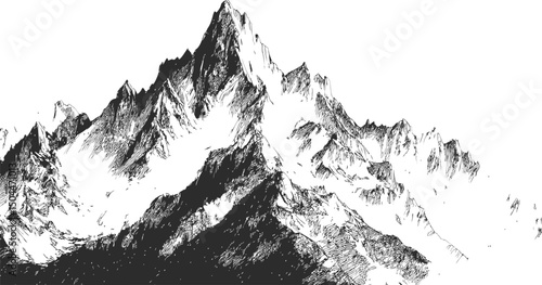 Sketch of majestic mountain range with sharp peaks and intricate detailing. Vector illustration
