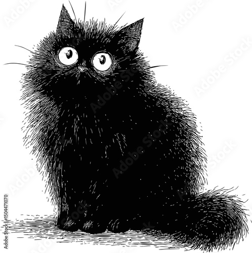 Fluffy black cat illustration with wide eyes, cartoon style. Vector illustration