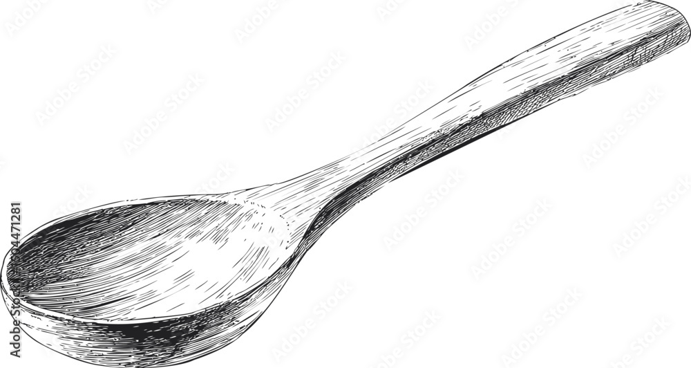 Hand-drawn illustration of a rustic wooden spoon with detailed texture sketch. Vector illustration