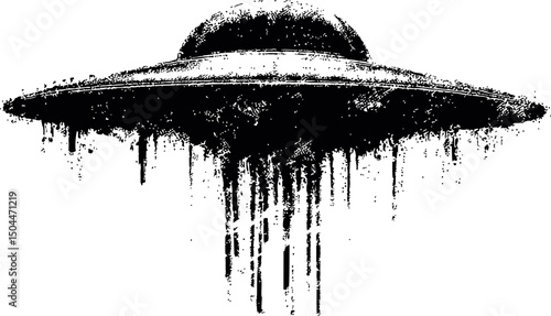 Grunge black and white illustration of a flying saucer with dripping paint effect. Vector illustration