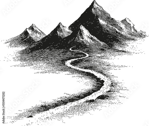 Artistic black and white illustration of mountains with winding path. Vector illustration