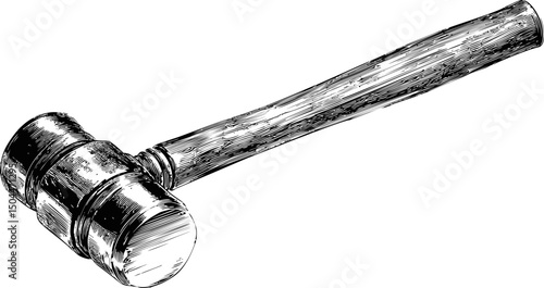 Wooden judge gavel illustration in black and white with classic design. Vector illustration