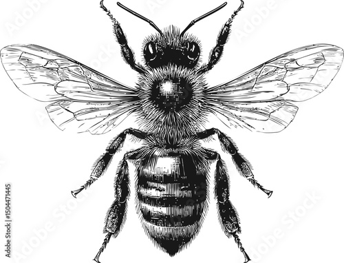 Detailed black and white illustration of a bee with intricate wing design. Vector illustration