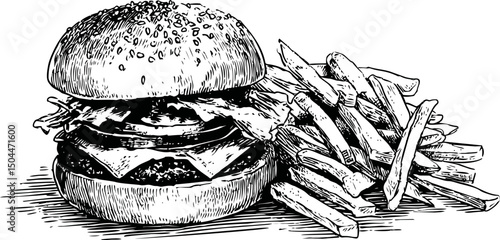 Detailed sketch of a burger with cheese, bacon, and fries, fast food art. Vector illustration