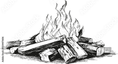 Bonfire with detailed wood logs and high flames in black and white illustration. Vector illustration