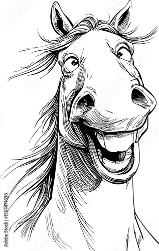 Cartoon drawing of a happy horse with a wide grin and flowing mane. Vector illustration