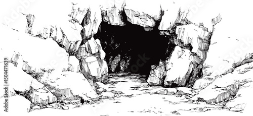 Black and white illustration of a cave entrance with rocky details. Vector illustration