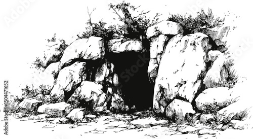 Entrance to rocky cave surrounded by vegetation in black and white illustration. Vector illustration