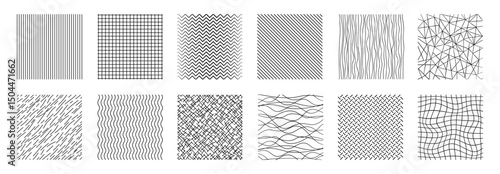 Line patterns set, decorative hatching backgrounds, drawn straight and curved lines, grid texture