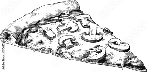 Black and white sketch of a pizza slice with mushrooms illustration. Vector illustration