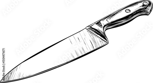 Black and white sketch of a kitchen knife with textured wood handle. Vector illustration