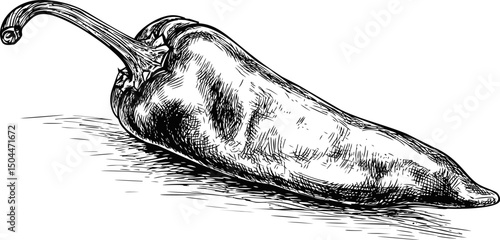 Hand-drawn illustration of a single chili pepper with detailed texture. Vector illustration