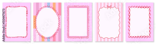 Hand drawn frames with doodle lines on vertical backgrounds, pink borders template for banner, poster, cover, wedding invitation, ads, wallpaper, birthday card