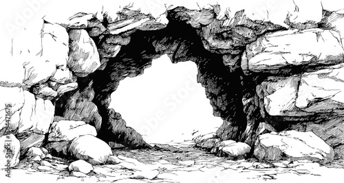Monochrome ink sketch of a rugged cave entrance with rocky terrain. Vector illustration