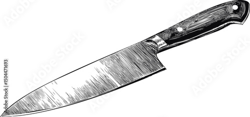 Detailed illustration of a classic chef's knife with a wooden handle, black ink style. Vector illustration