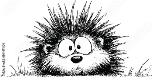 Cute cartoon hedgehog with spiky fur and big eyes in black and white art. Vector illustration