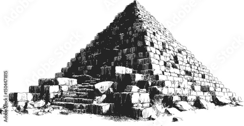 Ancient stone pyramid with eroded steps in black and white, digital illustration. Vector illustration