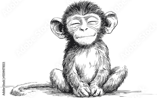 Monochrome sketch of a content baby monkey in a meditative pose. Vector illustration