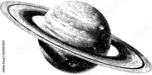 Pointillism art depicting planet saturn with detailed rings in monochrome. Vector illustration