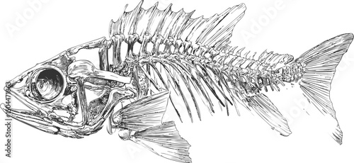 Detailed fish skeleton sketch in black and white art illustration. Vector illustration