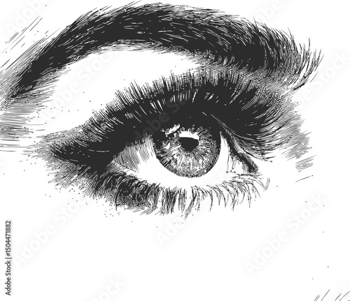 Detailed black and white sketch of an eye with intricate eyelashes, artistic design. Vector illustration