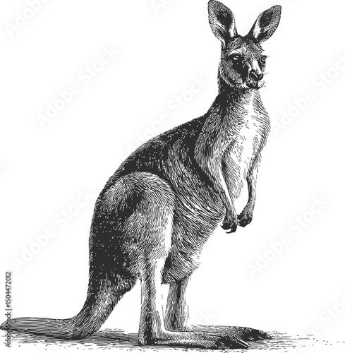 Detailed black and white sketch of a kangaroo standing upright. Vector illustration