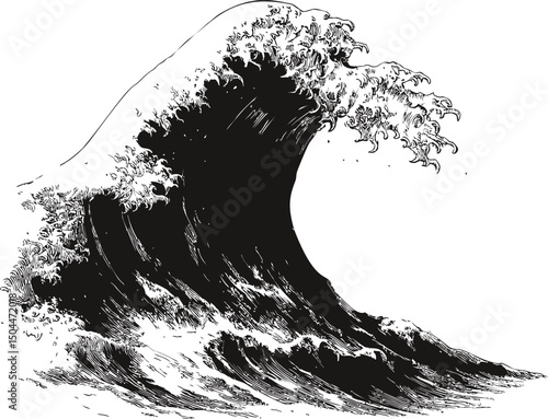 Monochrome illustration of a large ocean wave with intricate details. Vector illustration