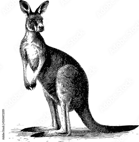 Detailed black and white illustration of a kangaroo standing tall. Vector illustration