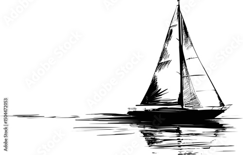 Sailboat sketched on water with reflection in black and white drawing. Vector illustration