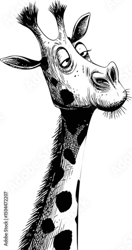 Expressive black and white sketch of a giraffe with humorous expression. Vector illustration