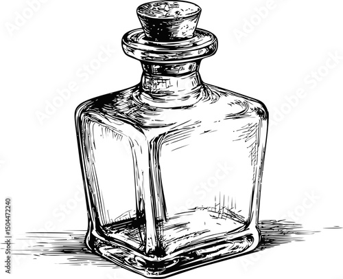 Vintage glass bottle sketch with stopper, detailed black and white illustration. Vector illustration