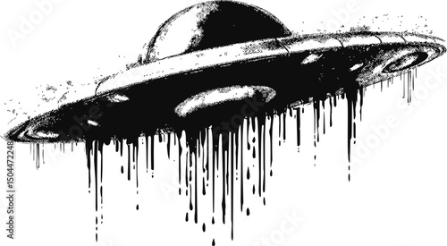 Black and white illustration of a UFO melting with dripping effect concept art. Vector illustration