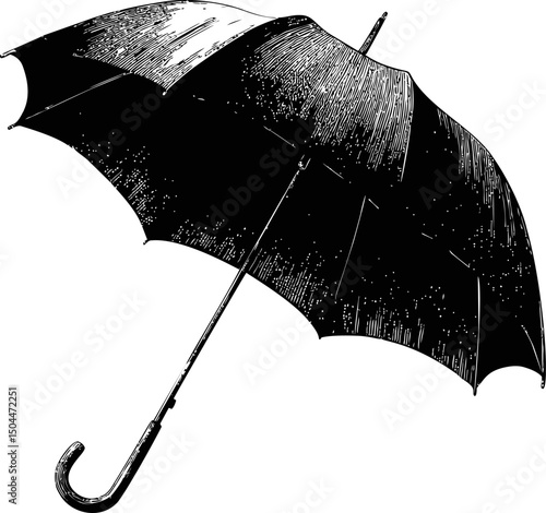 Black and white illustration of an open umbrella with detailed texture. Vector illustration