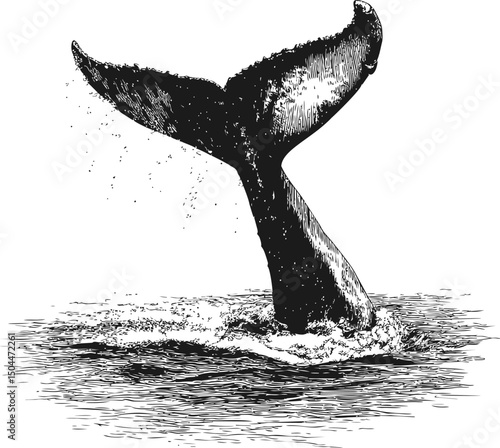 Monochrome illustration of a whale tail emerging from the water, classic engraving. Vector illustration