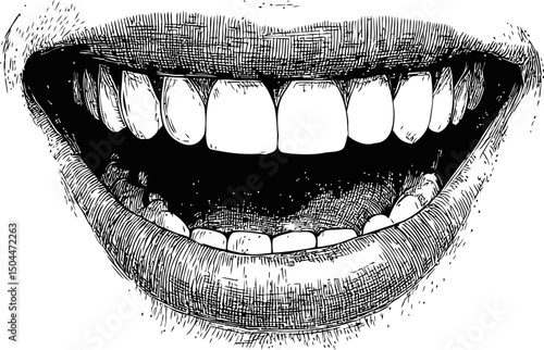 Detailed black and white sketch of a wide smiling mouth with visible teeth. Vector illustration