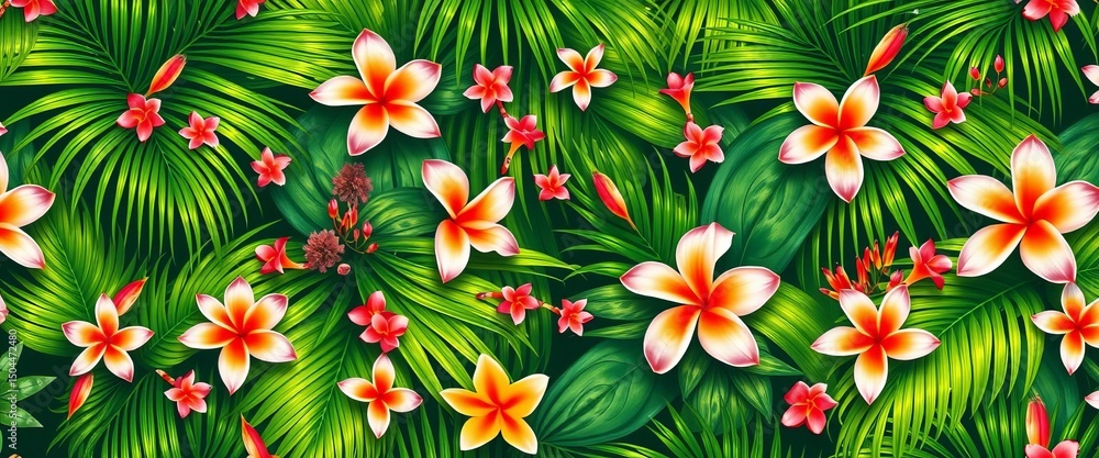 Seamless tropical floral pattern with palm leaves and blooming flowers , creative, spring Seamless tropical floral pattern with palm leaves and blooming flowers , creative, spring