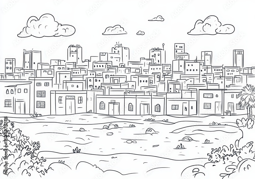 Naklejka premium Line Art Cityscape: Desert Oasis
