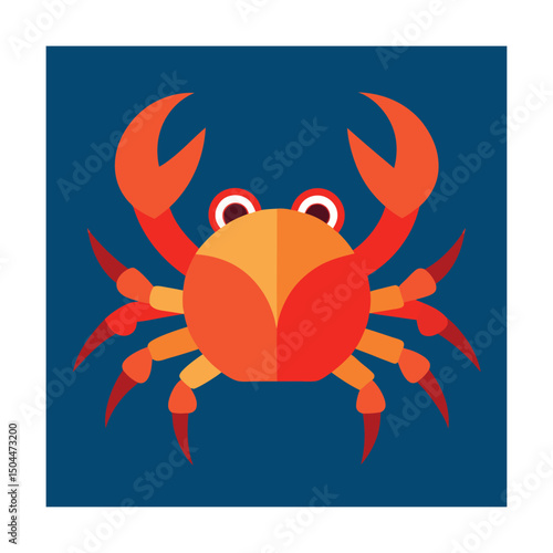 Colorful flat illustration of a crab with orange tones on a deep blue background