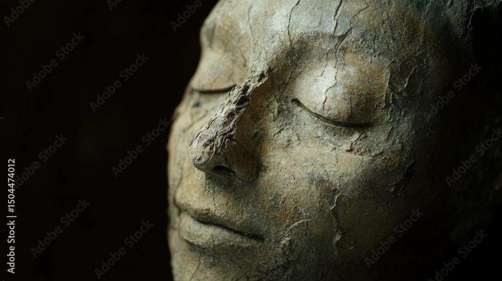 Close-up view of a sculpted human face with bark-like texture. Close-up view of a sculpted human face with bark-like texture.