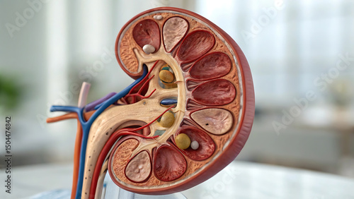 3D Medical Illustration of Kidney Cross-Section with Kidney Stones