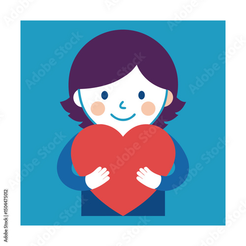 Adorable cartoon girl holding a big red heart expressing love and affection in a simple design