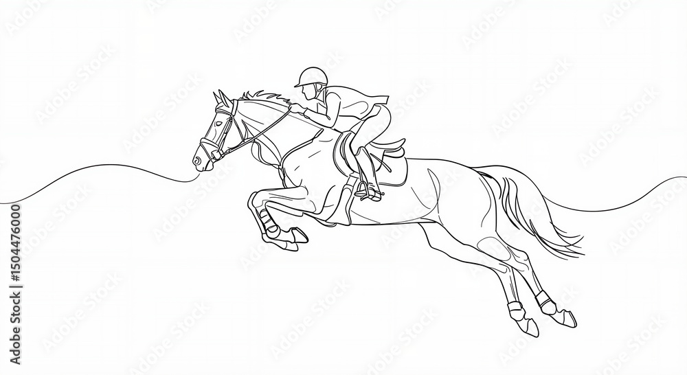 Obraz premium Equestrian rider jumping on a horse with flowing lines in minimalist design