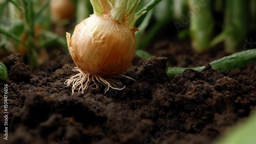 Closeup of yellow onion bulb growing in dark soil with green shoots emerging in a garden setting.