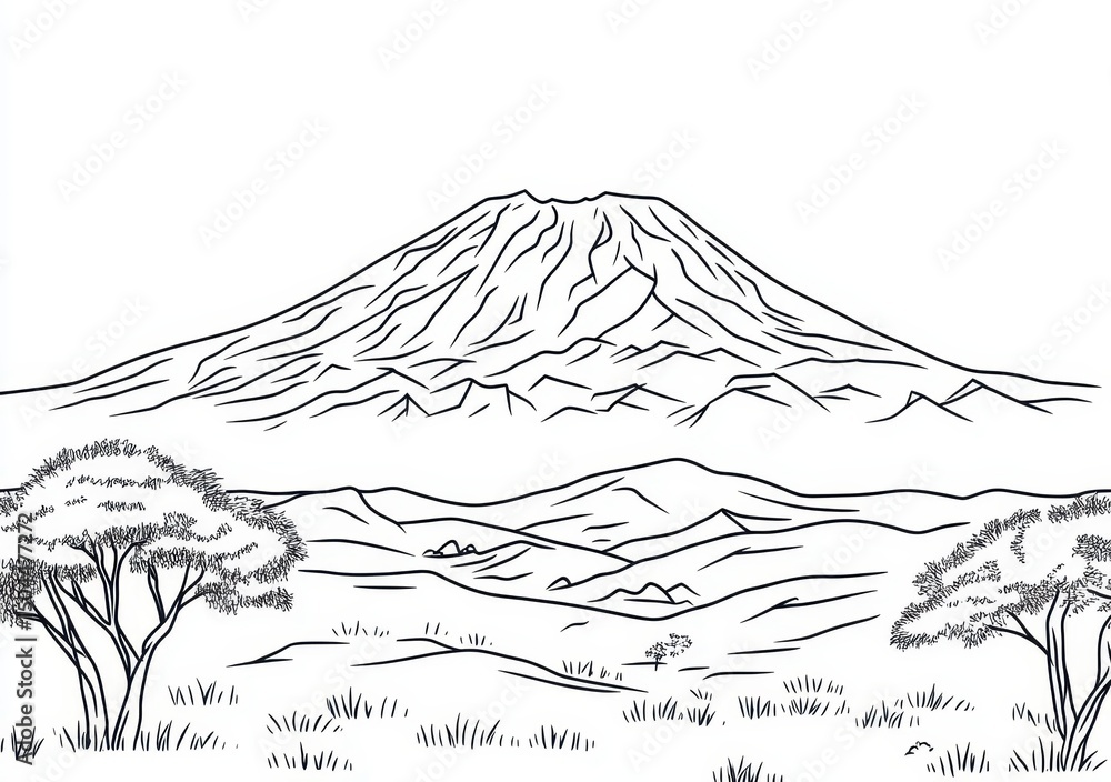 Naklejka premium Majestic Volcano Landscape Sketch