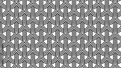 Geometric patterns feature repeating arrangements of curved shapes such as scales or waves. The neat double lines create an interlocking texture, reminiscent of Art Deco or fish scales.