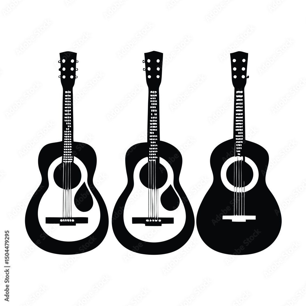 Obraz premium Silhouette of guitars, Set of black and white acoustic guitars