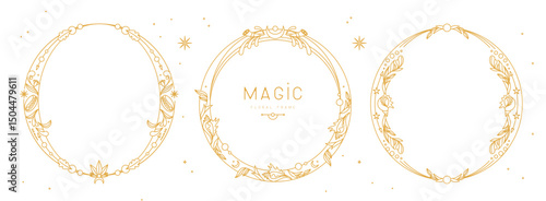 Set of modern magic witchcraft  round frames with floral elements and ornament. Line art decorative floral design. Vector illustration