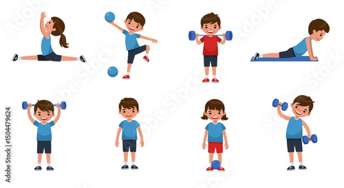 Children Performing Various Exercises with Weights and Balls Smiling Happily