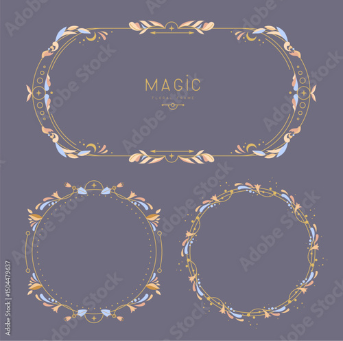 Set of modern magic witchcraft frames with floral elements and ornament. Decorative floral design. Vector illustration