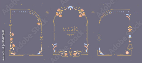 Set of modern magic witchcraft frames with floral elements and ornament. Decorative floral design. Vector illustration